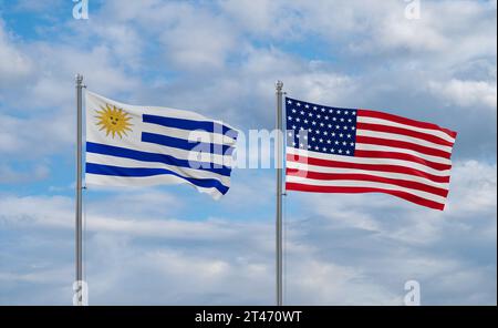 Drapeaux des États-Unis et de l'Uruguay agitant ensemble dans le vent sur le ciel nuageux bleu, concept de relation de deux pays Banque D'Images