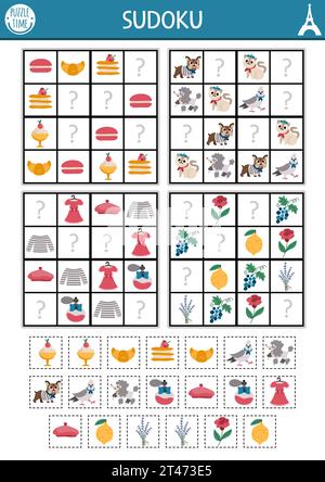 Puzzle de sudoku Vector France pour les enfants avec des images. Quiz français simple avec des éléments couper et coller. Activité éducative ou coloriage avec macaron, Illustration de Vecteur