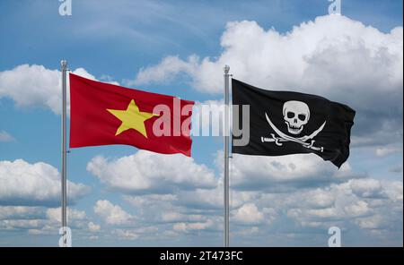 Drapeaux du Vietnam et de corsair agitant ensemble dans le vent sur un ciel nuageux bleu Banque D'Images