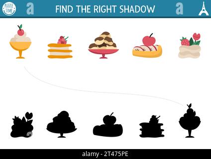 France Shadow Matching activité. Puzzle avec desserts traditionnels français. Trouvez la feuille de calcul imprimable de silhouette correcte. Page drôle pour les enfants avec eclair Illustration de Vecteur