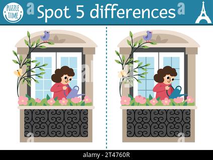 Trouver le jeu des différences pour les enfants. Activité éducative avec jolie fille arrosant des fleurs sur le balcon. Puzzle pour les enfants avec caractère français drôle. Illustration de Vecteur