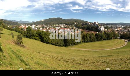 Vue panoramique d'Aarburg montrant le château et l'église, canton d'Argovie Banque D'Images