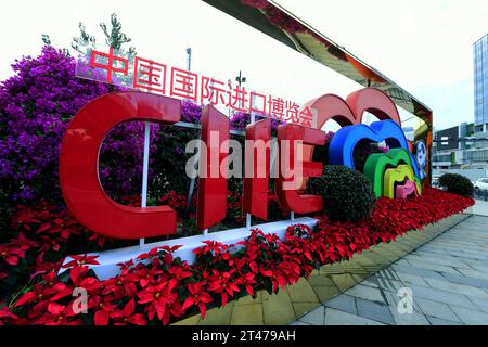 SHANGHAI, CHINE - 29 OCTOBRE 2023 - les gens passent devant un parterre de fleurs à la 6ème exposition internationale d'importation de Chine à Shanghai, Chine, Oct. 29, 2023. Banque D'Images