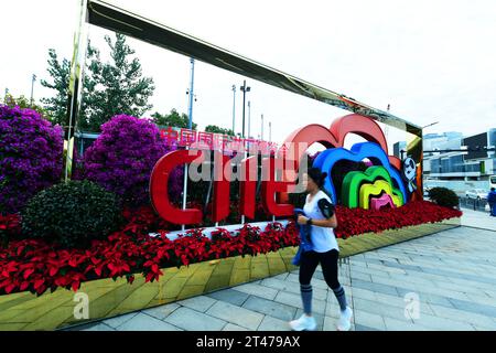 SHANGHAI, CHINE - 29 OCTOBRE 2023 - les gens passent devant un parterre de fleurs à la 6ème exposition internationale d'importation de Chine à Shanghai, Chine, Oct. 29, 2023. Banque D'Images