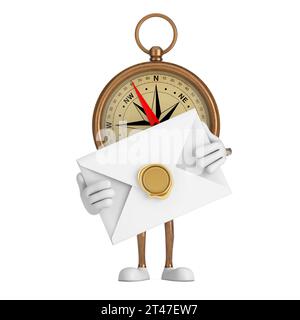 Antique Vintage Brass Compass Cartoon Person personnage Mascot avec enveloppe blanche sur un fond blanc. Rendu 3D. Banque D'Images