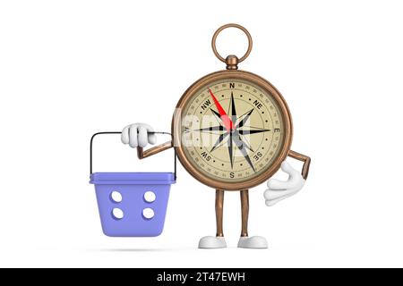 Antique Vintage Brass Compass Cartoon personne personnage Mascot avec Cartoon Shopping basket sur un fond blanc. Rendu 3D. Banque D'Images