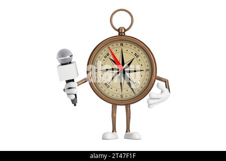 Antique Vintage Brass Compass Cartoon Person Character Mascot avec microphone chromé moderne sur un fond blanc. Rendu 3D. Banque D'Images