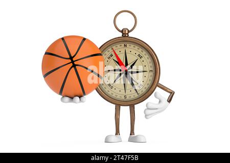 Antique Vintage Brass Compass Cartoon personne personnage Mascot avec ballon de basket-ball sur un fond blanc. Rendu 3D. Banque D'Images