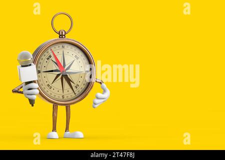 Antique Vintage Brass Compass Cartoon Person Character Mascot avec microphone chromé moderne sur un fond jaune. Rendu 3D. Banque D'Images