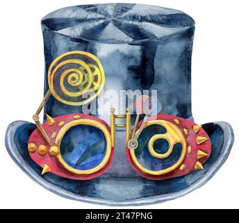 Chapeau d'aquarelle chapeau haut avec lunettes steampunk. Robe homme vintage. Pour la conception de vêtements Banque D'Images