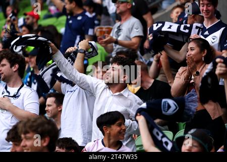 Melbourne, Australie, 29 octobre 2023. Les fans de Melbourne Victory se réjouissent lors de la 2e manche du match de football masculin Isuzu Ute A-League entre Melbourne Victory et Newcastle Jets au AAMI Park le 29 octobre 2023 à Melbourne, en Australie. Crédit : Dave Hewison/Speed Media/Alamy Live News Banque D'Images