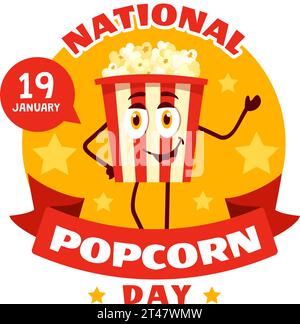 Illustration vectorielle du jour national du popcorn le 19 janvier avec une grosse boîte Popcorns à l'affiche ou à la bannière dans la conception de fond de dessin animé plat Illustration de Vecteur