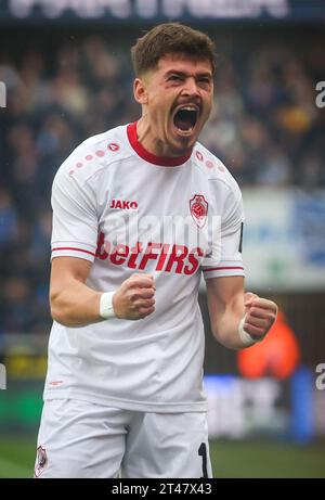 Bruges, Belgique. 29 octobre 2023. L'Arbnor Muja d'Anvers célèbre lors d'un match de football entre le Club Brugge et le Royal Antwerp FC, dimanche 29 octobre 2023 à Brugge, le jour 12 de la saison 2023-2024 de la Jupiler Pro League première division du championnat belge. BELGA PHOTO VIRGINIE LEFOUR crédit : Belga News Agency/Alamy Live News Banque D'Images