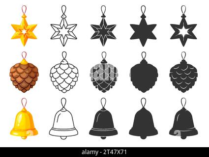 Ensemble silhouette de glyphe de ligne plate de jouets d'arbre de Noël. Éditable trait contour autocollant étiquette vacances dessin animé jaune brun étoile jingle cloche pin cône icône décorant pochoir scrapbooking design isolé Illustration de Vecteur