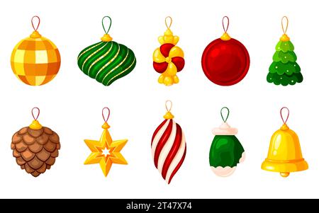 Ensemble plat de jouets d'arbre de Noël en verre de dessin animé de vacances. Décoration du nouvel an vert or rouge bonbon étoile boule pin cône icicle mitten cloche spirale cadeau célébration élément de partie design isolé Illustration de Vecteur
