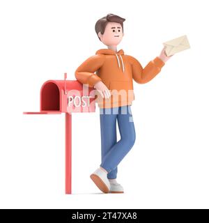Illustration 3D du gars masculin Qadir a reçu une lettre importante. Debout à proximité de la boîte aux lettres et tenant une enveloppe. Rendu 3D sur fond blanc. Banque D'Images