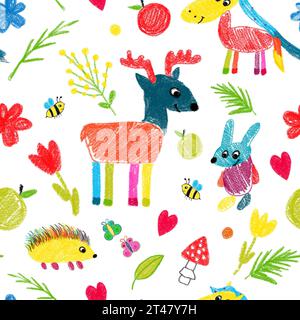 Motif avec des animaux pour enfants dessinés à la main sur fond blanc. Animaux forestiers : cerf, lièvre, cheval, hérisson, papillons, bee. Pour textiles et tissus Banque D'Images