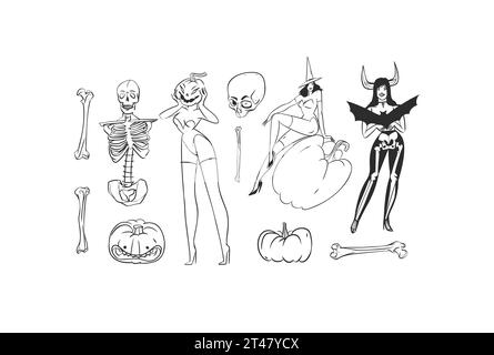 Dessin au trait graphique abstrait vectoriel dessiné à la main et silhouette Halloween grand ensemble de personnages effrayant, citrouilles, crâne et os isolé.Halloween contour Illustration de Vecteur
