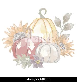composition d'automne avec trois citrouilles et aquarelle vectorielle de tournesols Illustration de Vecteur