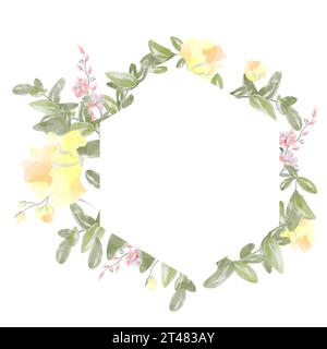 fleurs jaunes aquarelle et feuilles bannière hexagonale avec aquarelle vectorielle de fleurs sauvages Illustration de Vecteur