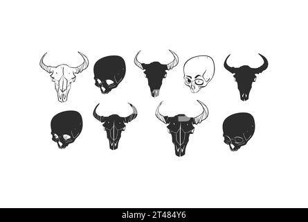 Collection d'art graphique abstrait de dessin à la main de vecteur ensemble de silhouettes de crâne humain et animal, isolé sur fond blanc. Vecteur dessiné à la main Illustration de Vecteur