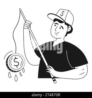 Homme de caractère financier pêchant pour une pièce de monnaie avec une canne à pêche Illustration de Vecteur