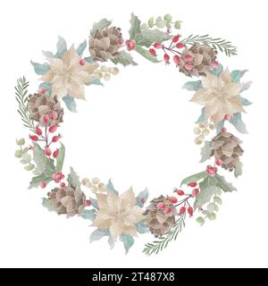 composition de couronne de noël de cônes de fleurs blanches et de branches d'épinette vecteur aquarelle Illustration de Vecteur