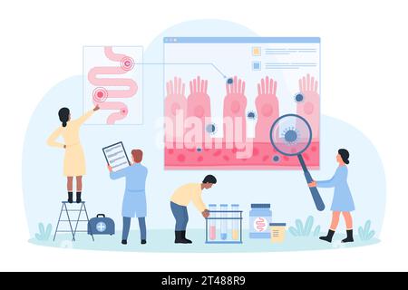 Syndrome de l'intestin percé, illustration vectorielle des troubles gastro-intestinaux. Les personnes minuscules de dessin animé avec la loupe vérifient pour les mauvaises bactéries passant à travers la barrière intestinale sur le diagramme de structure d'intestin Illustration de Vecteur