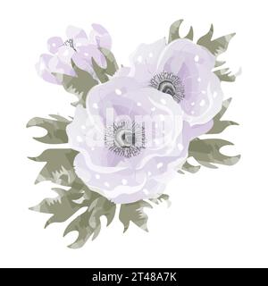 composition de trois délicates fleurs violettes et feuilles d'aquarelle Illustration de Vecteur