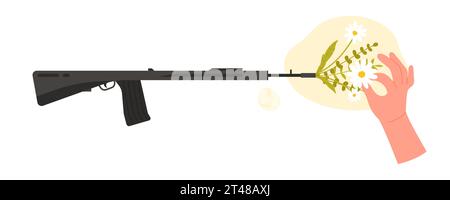 Main mettant des fleurs dans une arme de fusil. Fleur de tir au pistolet, répandre l'amour et la paix illustration vectorielle de dessin animé Illustration de Vecteur