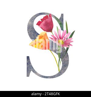 Lettre S avec des fleurs sauvages aquarelles. Alphabet floral, isolé avec bouquet botanique. initiales de monogramme parfaitement pour invitation de mariage, anniversaire Banque D'Images