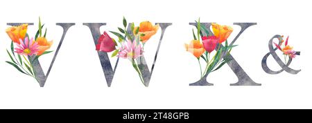 Ensemble de lettres V W X avec des fleurs sauvages aquarelles. Alphabet floral, isolé avec bouquet botanique. initiales de monogramme parfaitement pour invitation de mariage Banque D'Images