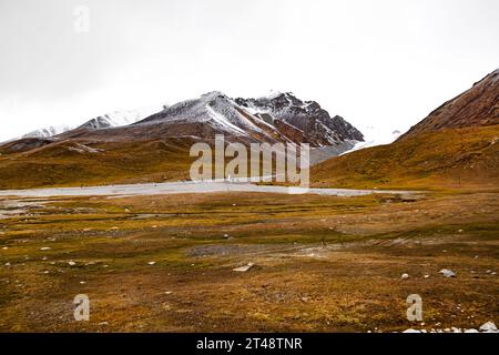 Col de Khunjerab près de la frontière Pakistan-Chine, saison d'automne. Couleurs d'automne jaune et orange et montagnes Karakoram couvertes de neige. Banque D'Images