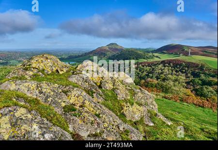 CAER Caradoc, Helmeth Hill, The Wrekin et Hope Bowdler Hill vus de Ragleth Hill, Church Stretton, Shropshire Banque D'Images