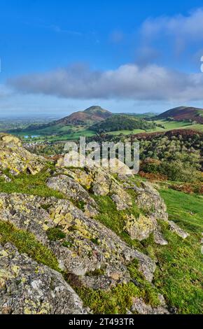 CAER Caradoc, Helmeth Hill, The Wrekin et Hope Bowdler Hill vus de Ragleth Hill, Church Stretton, Shropshire Banque D'Images