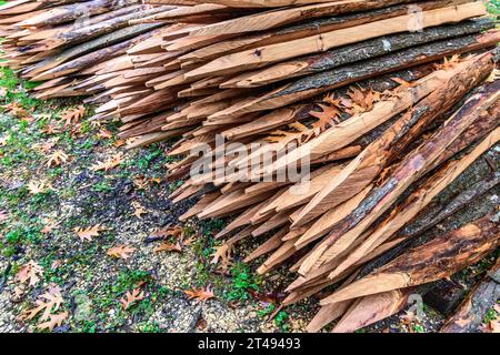 Pile de poteaux de clôture en bois nouvellement coupés - la Ribaloche, Indre-et-Loire (37), France. Banque D'Images