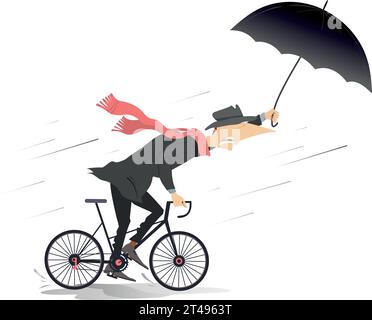 Jour pluvieux et venteux et l'homme monte un vélo. Homme avec parapluie monte un vélo sous le vent fort et la pluie Illustration de Vecteur