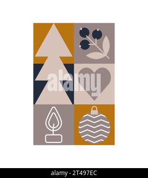Affiche de Noël à motif bauhaus tendance. Formes géométriques d'hiver vectorielles. Éléments de design modernes abstraits simples. Imprimé rétro de mode pour carte de voeux Illustration de Vecteur