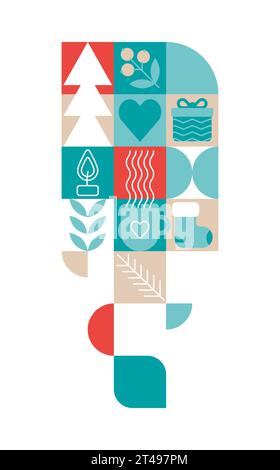Affiche de Noël à motif bauhaus tendance. Formes géométriques d'hiver vectorielles. Éléments de design modernes abstraits simples. Imprimé rétro de mode pour carte de voeux Illustration de Vecteur