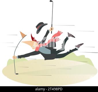 Mauvais temps et homme sur le terrain de golf. Vent fort et homme effrayé avec un club de golf attrape le drapeau de golf Illustration de Vecteur