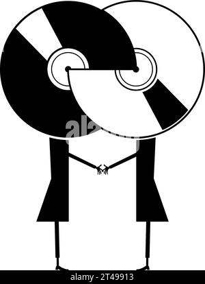 Deux bandes dessinées jouées de longs disques. Les disques de jeu longs de dessin animé de couple tiennent la main. Illustration en noir et blanc Illustration de Vecteur
