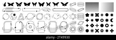 graphique des années 90. Esquissez des étoiles. Coeur de bulle. Lignes brillantes vintage. Icônes étincelantes géométriques. Contours des cadres y2k. Papillon silhouette noire. GRA demi-ton Illustration de Vecteur