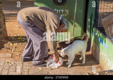 Tel Aviv, Israël - 20 octobre 2022 : l'homme du coin nourrit le chat errant dans les rues de tel Aviv en Israël. Banque D'Images