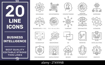 Vector ensemble d'icônes linéaires liées à Business Intelligent, Service commercial, Stratégie d'investissement et gestion financière. Contour modifiable. SPE 10 Illustration de Vecteur