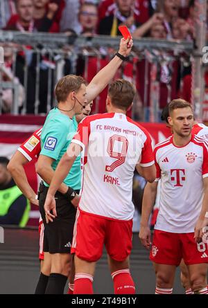 MUNICH, ALLEMAGNE - 28 OCTOBRE : Joshua Kimmich du Bayern Muenchen reçoit un carton rouge par l'arbitre Martin Petersen lors du match de Bundesliga entre le FC Bayern MŸnchen et le SV Darmstadt 98 à l'Allianz Arena le 28 octobre 2023 à Munich, Allemagne. © diebilderwelt / Alamy stock Banque D'Images