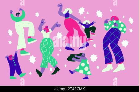 Illustration vectorielle avec des personnes dansantes avec des étoiles sur fond violet. Dansant les gens griffonnent. Famille heureuse, gens de fête. Illustration vectorielle Illustration de Vecteur