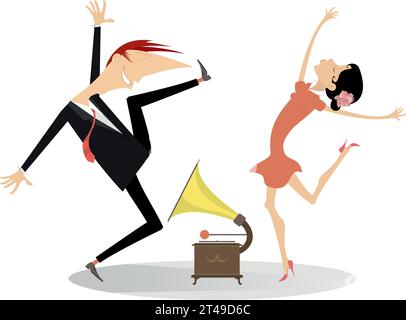 Heureux jeune couple dansant. Tourne-disque vintage et happyy dansant jeune homme et femme. Isolé sur fond blanc Illustration de Vecteur