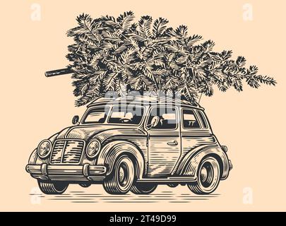 Voiture rétro de Noël dessinée à la main avec arbre de pin dans le style de croquis. Joyeuses vacances illustration vectorielle vintage Illustration de Vecteur