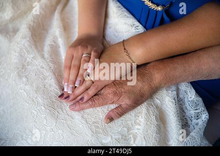 Main de mariée avec bague de mariage superposée entre les mains de sa mère et de sa grand-mère sur une robe en dentelle blanche, symbolisant des générations d'amour et d'héritage. Banque D'Images