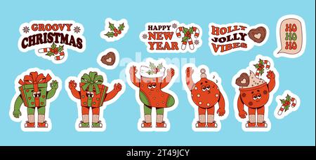 Jeu d'autocollants de personnages de dessins animés rétro de Noël. Noël bas, boule, cadeau et tasse de cacao. 60 -70s vibes dans un style hippie groovy tendance. vector illustra Illustration de Vecteur